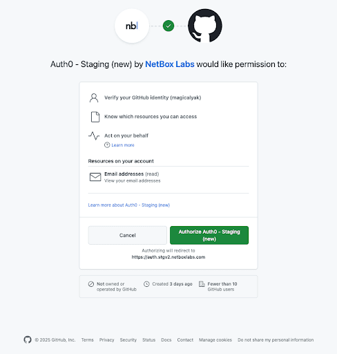 Authorize NetBox Labs to access your GitHub email address.