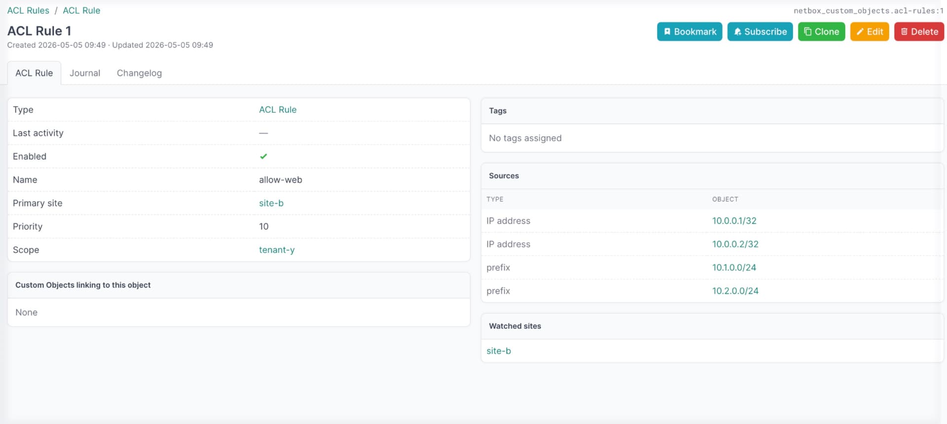 NetBox Custom Objects 1.0 — ACL Rule object showing custom-defined fields, sources, and watched sites