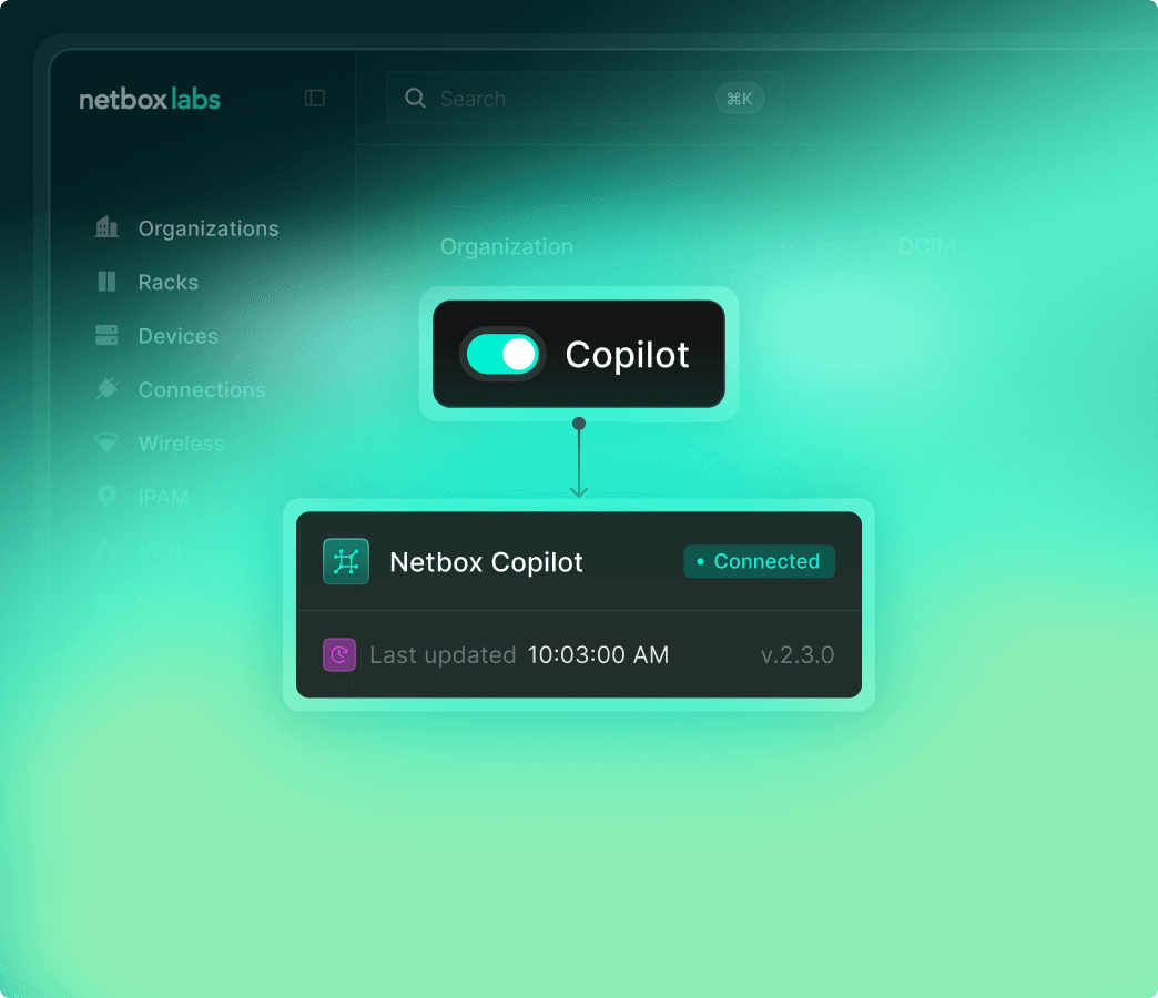 Modal graphic showing a toggle to connect Netbox copilot