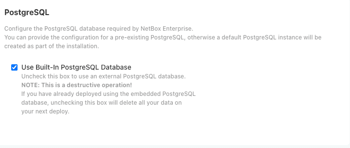 Screenshot: Built-in or external PostgreSQL