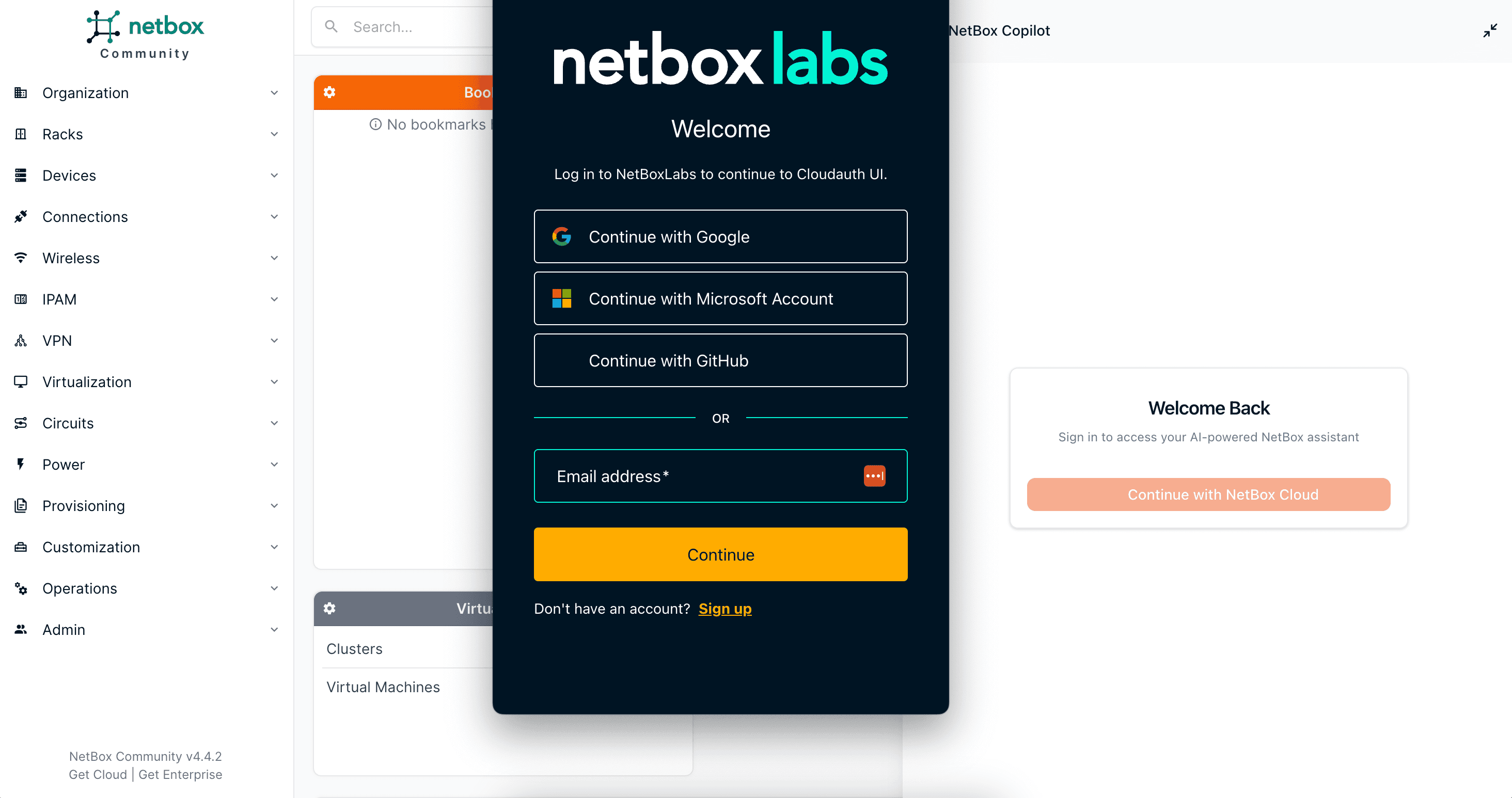 NetBox Copilot account creation/login window will pop up