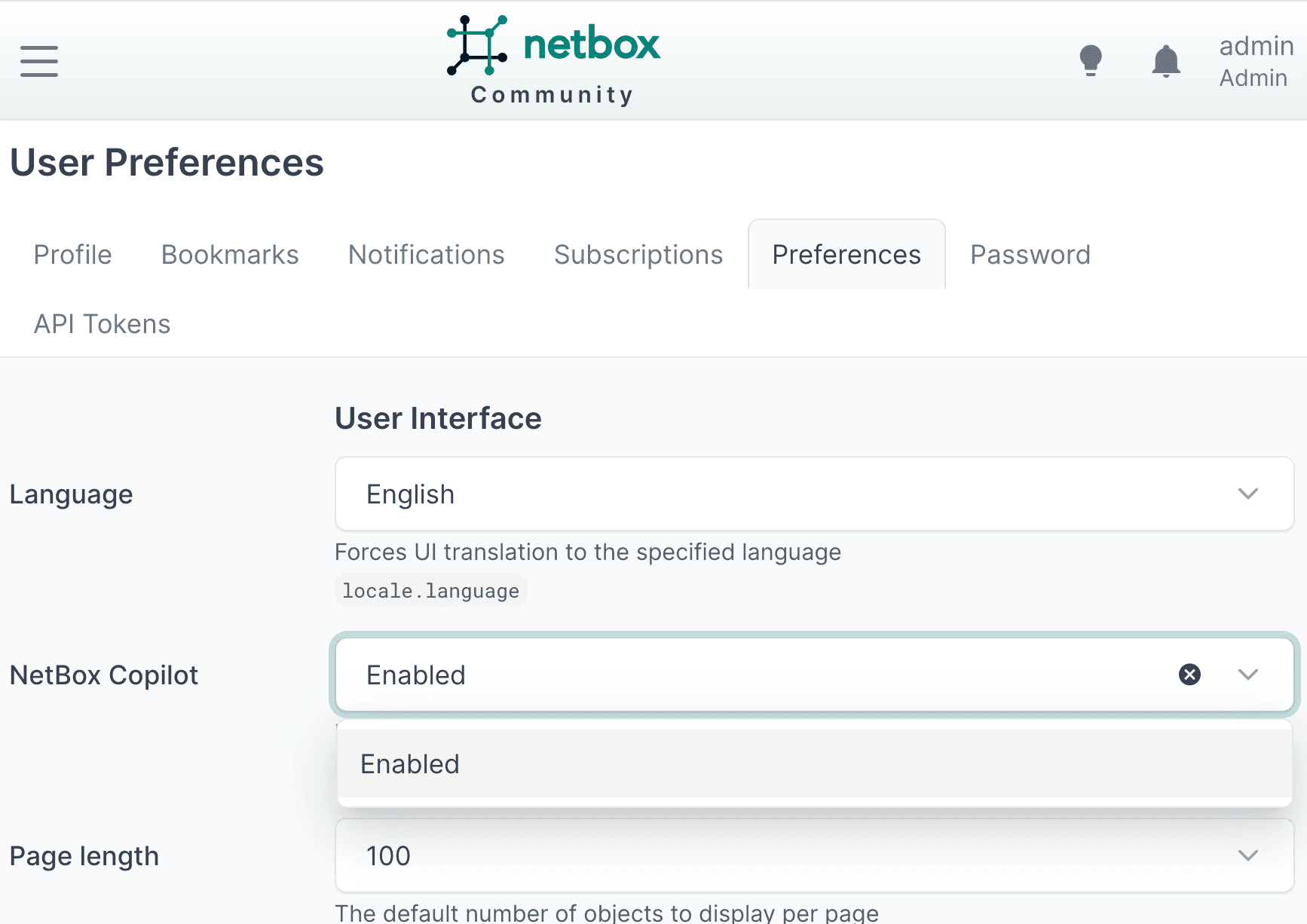 NetBox Copilot preference in User Preferences