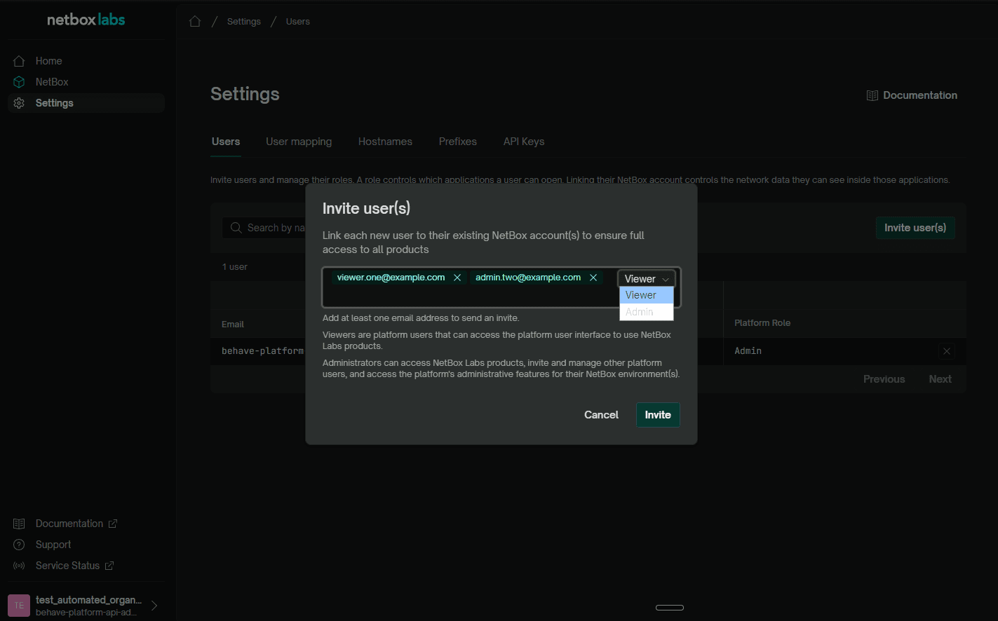 Invite users dialog