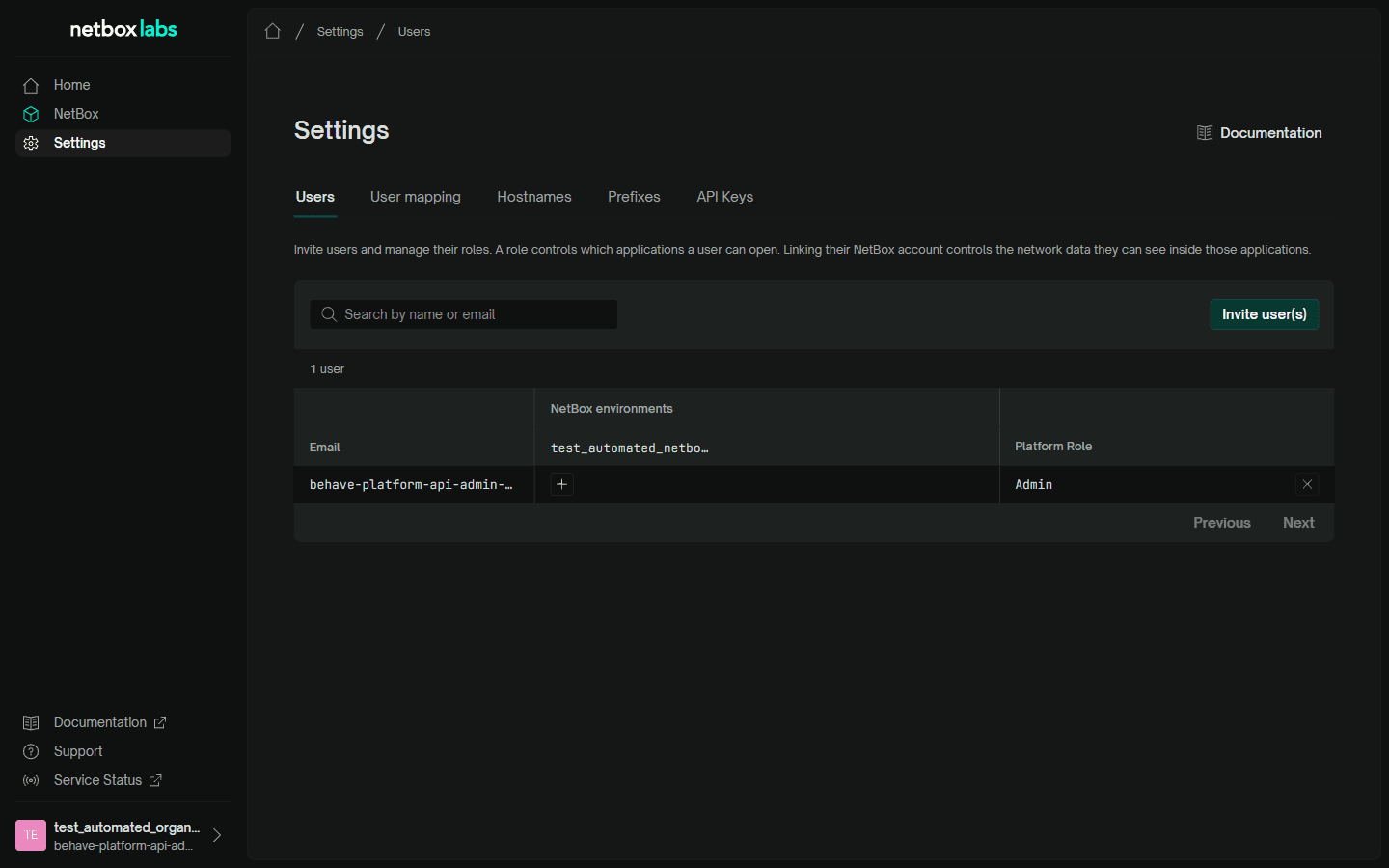 Settings Users tab
