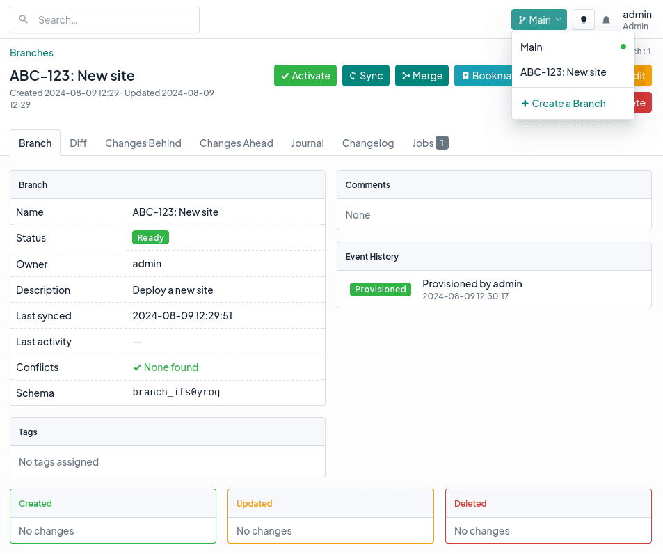 Screenshot: Activating a branch