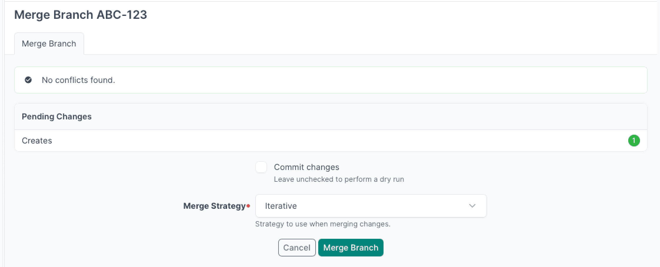 Screenshot: Branch merge form