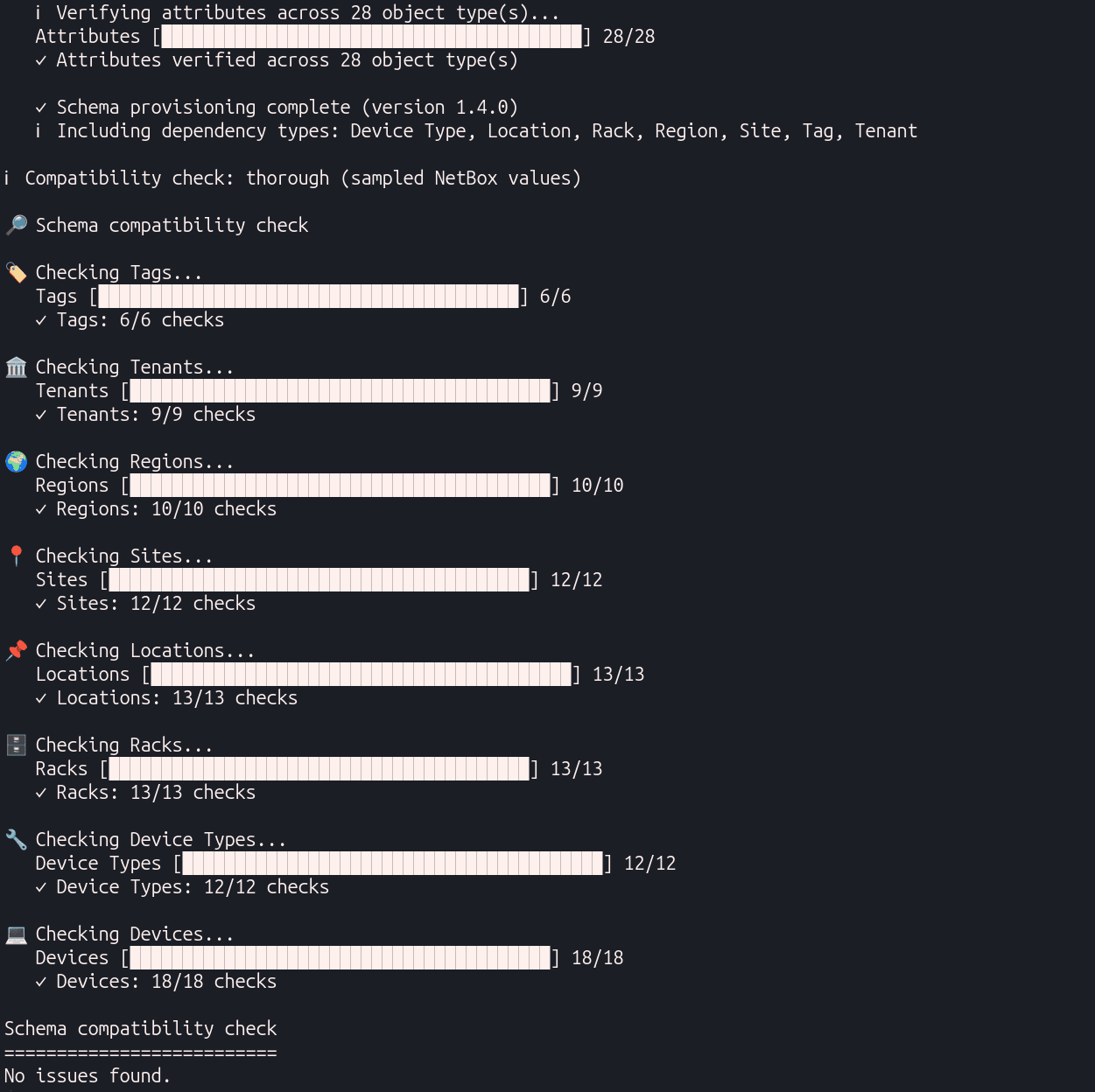 Compatibility check output showing the active variant and any findings