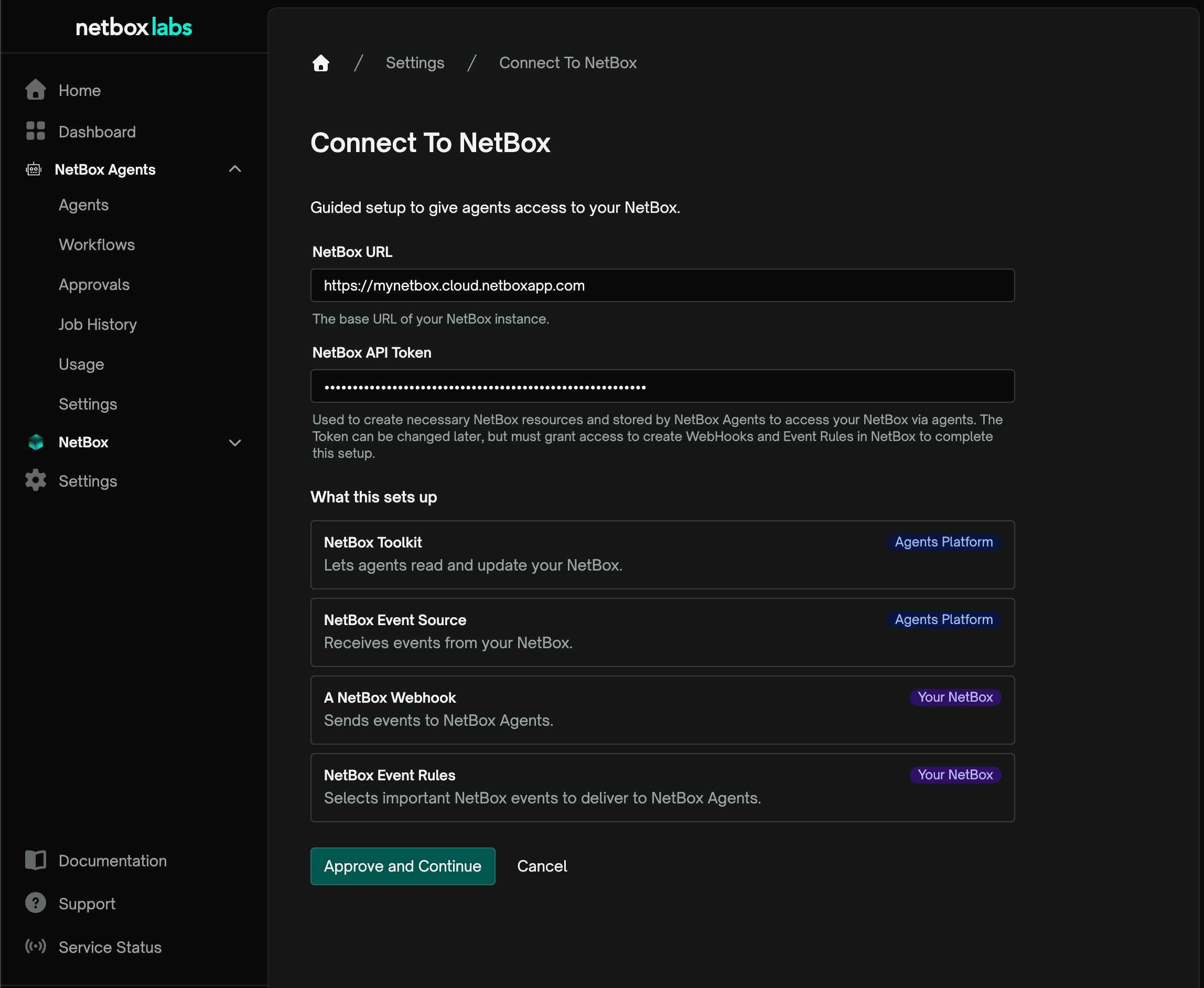 Screenshot: Connect To NetBox guided setup with the URL and API token fields and the What this sets up list