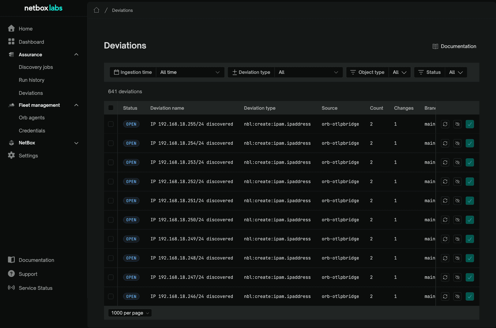 The Deviations list in the NetBox Labs Console, showing the Ingestion time, Deviation type, Object type, and Status filters above the table