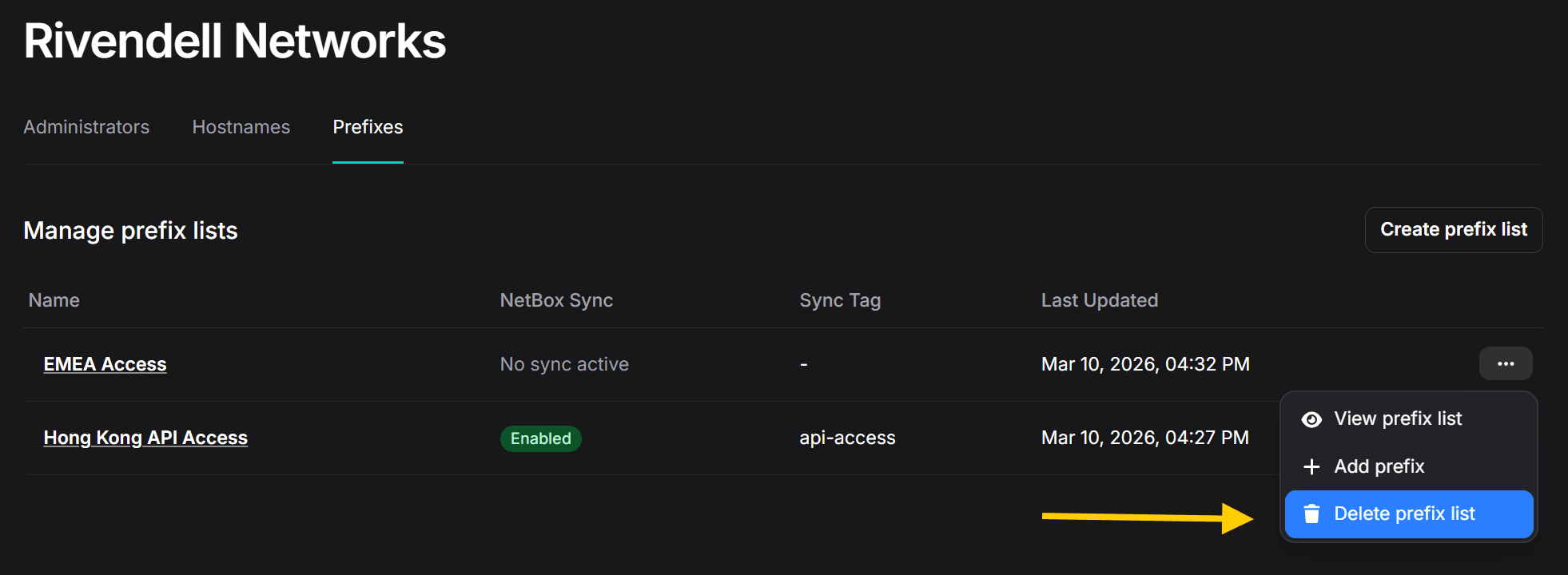 delete prefix list
