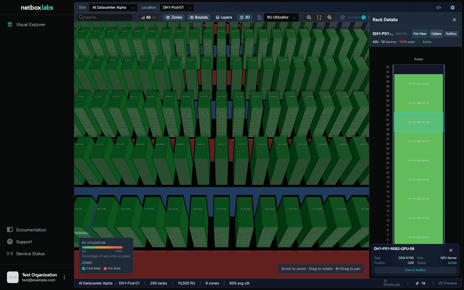 A data hall in 3D, zoomed in: racks render their devices at close range, with a selected rack's elevation and device details in the side panel