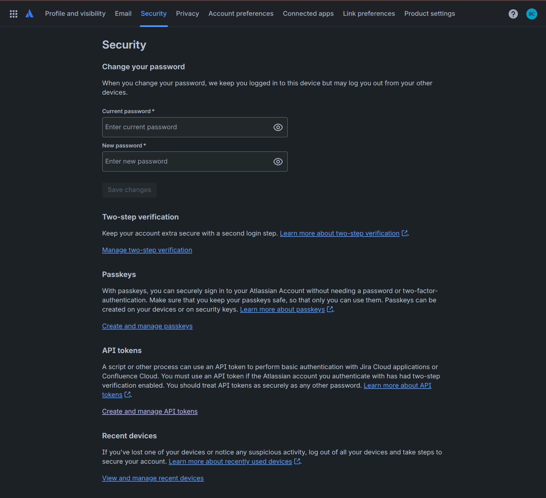 Atlassian account Security tab with API tokens link