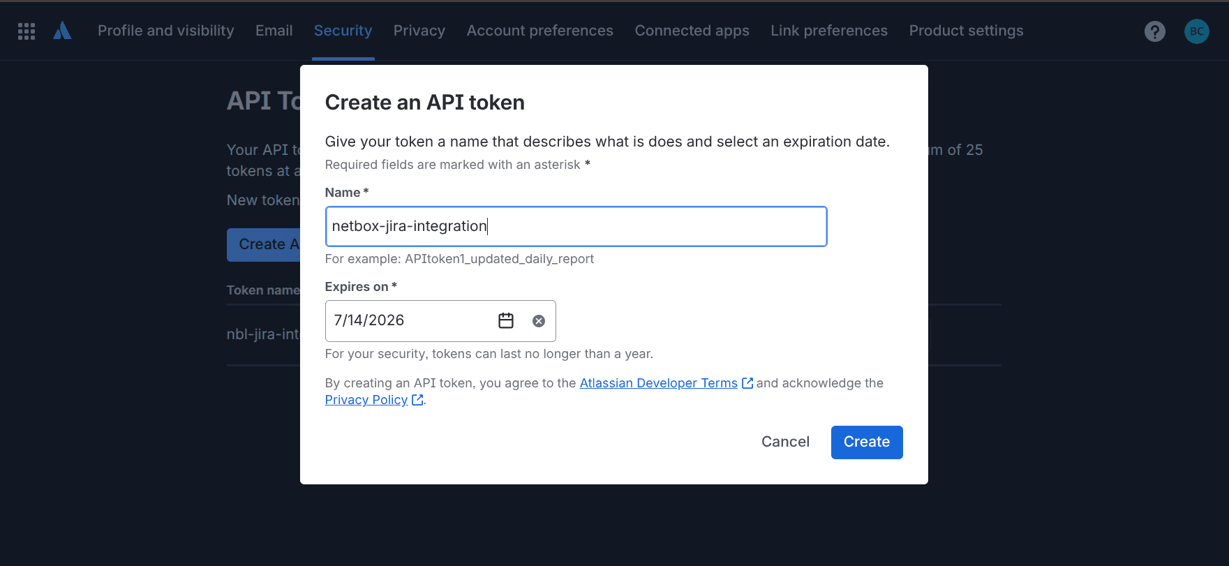 Create API token dialog