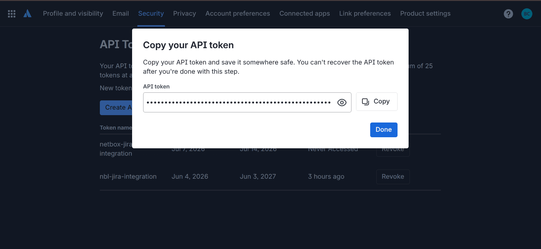 Copy your API token dialog