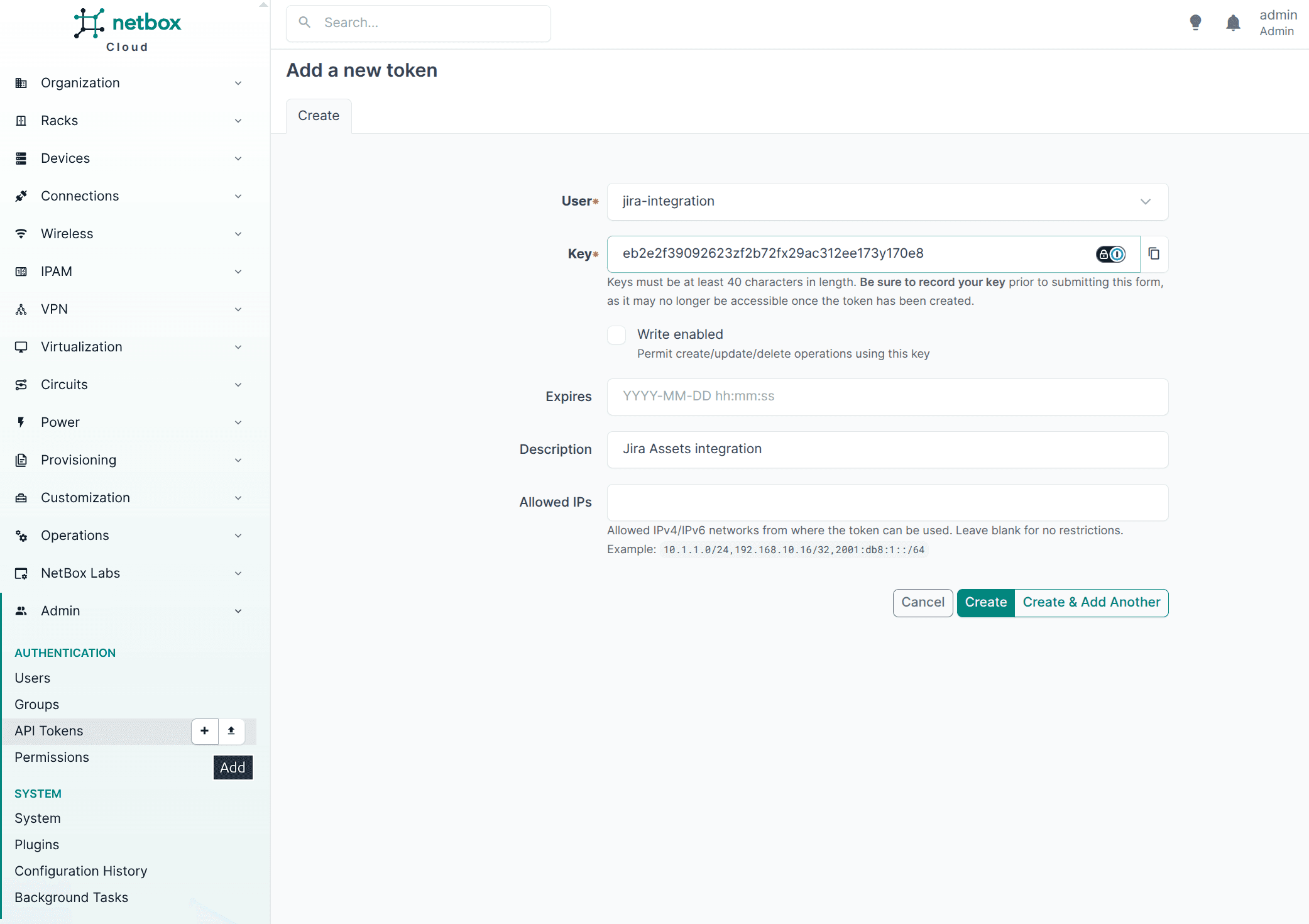 Create a NetBox API token