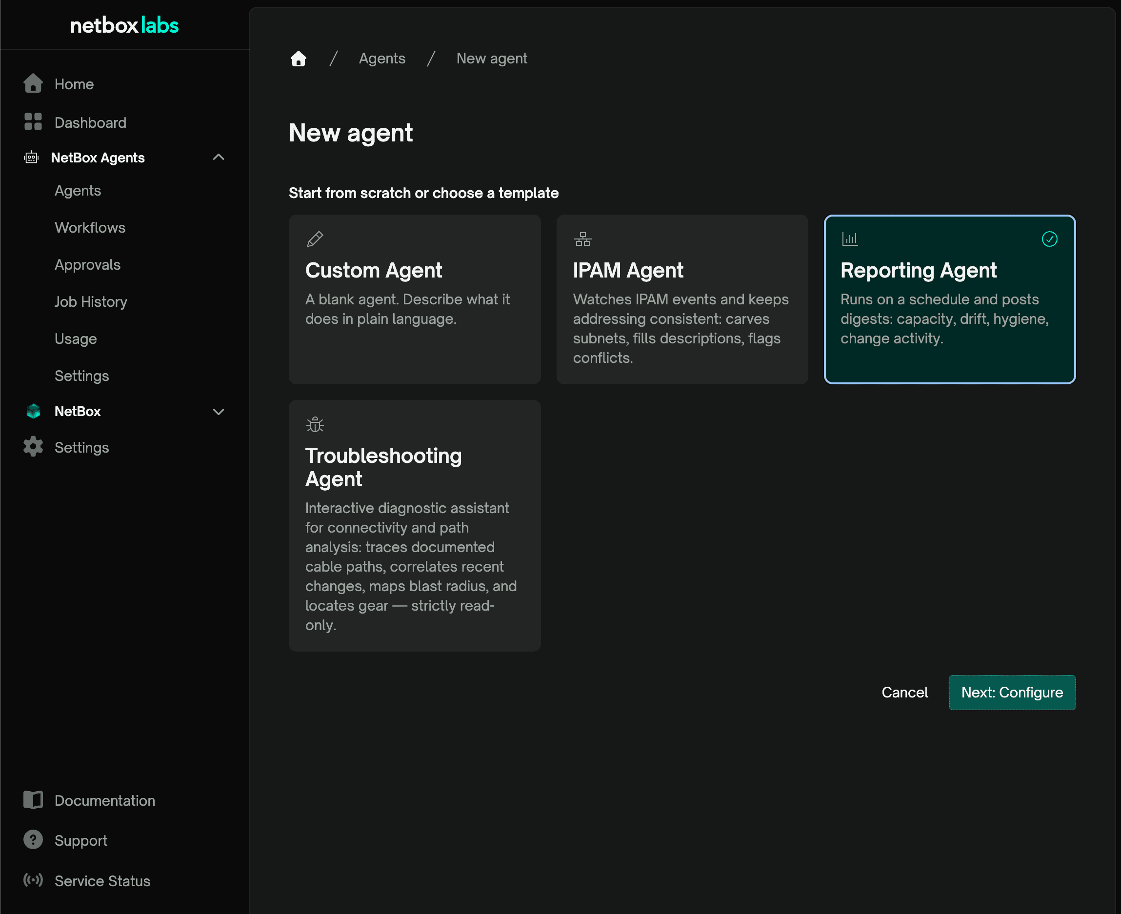 Screenshot: New agent page with the Reporting Agent selected from the prebuilt agents