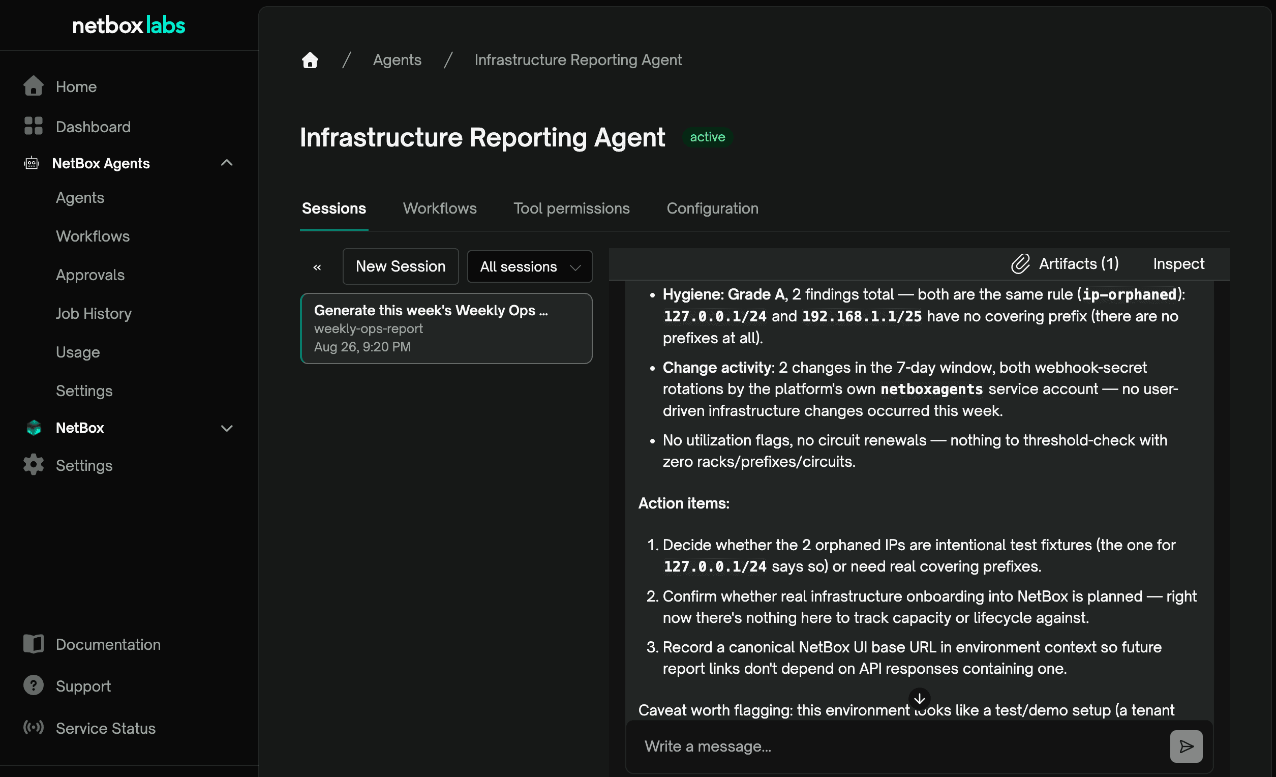 Screenshot: a completed weekly report in a Reporting Agent session, with the report attached as an artifact