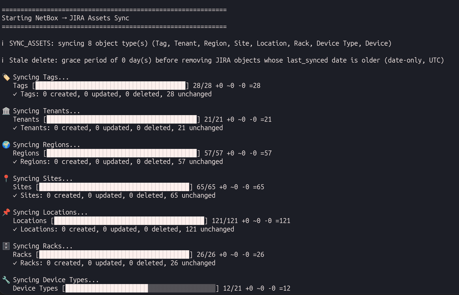Sync run progress bar and per-object-type summary