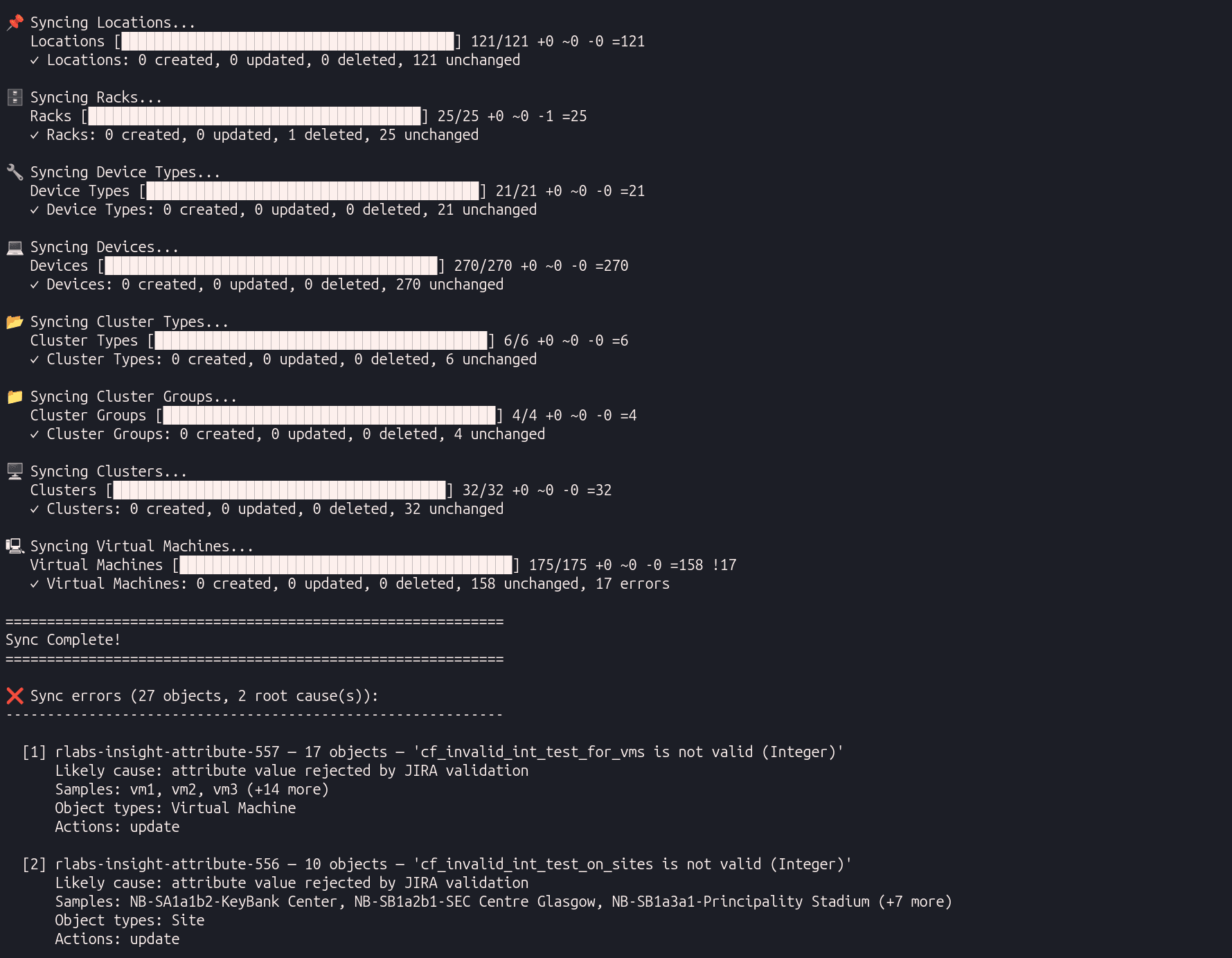 Grouped error summary printed after a verbose sync run