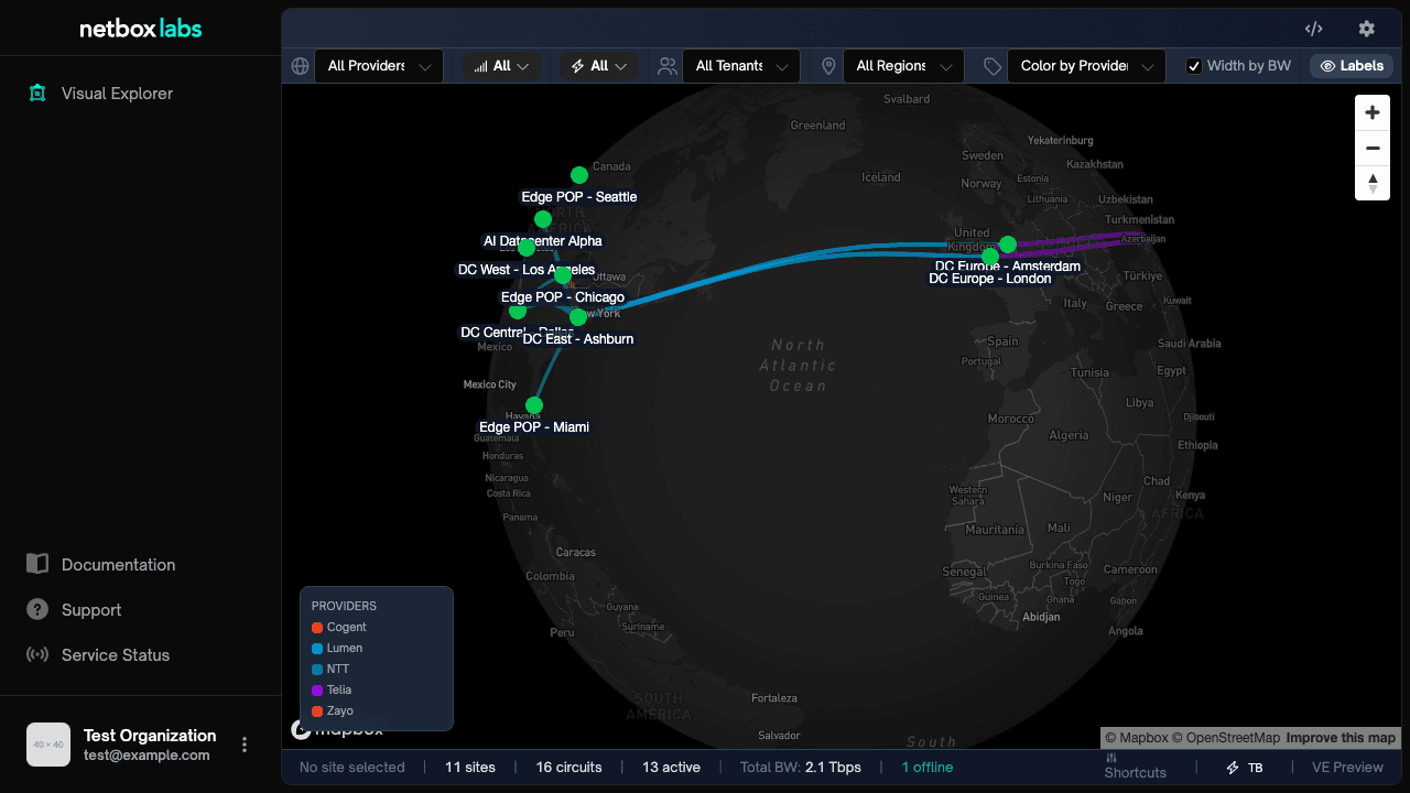 The WAN Map: sites placed geographically, with circuits drawn and colored by provider