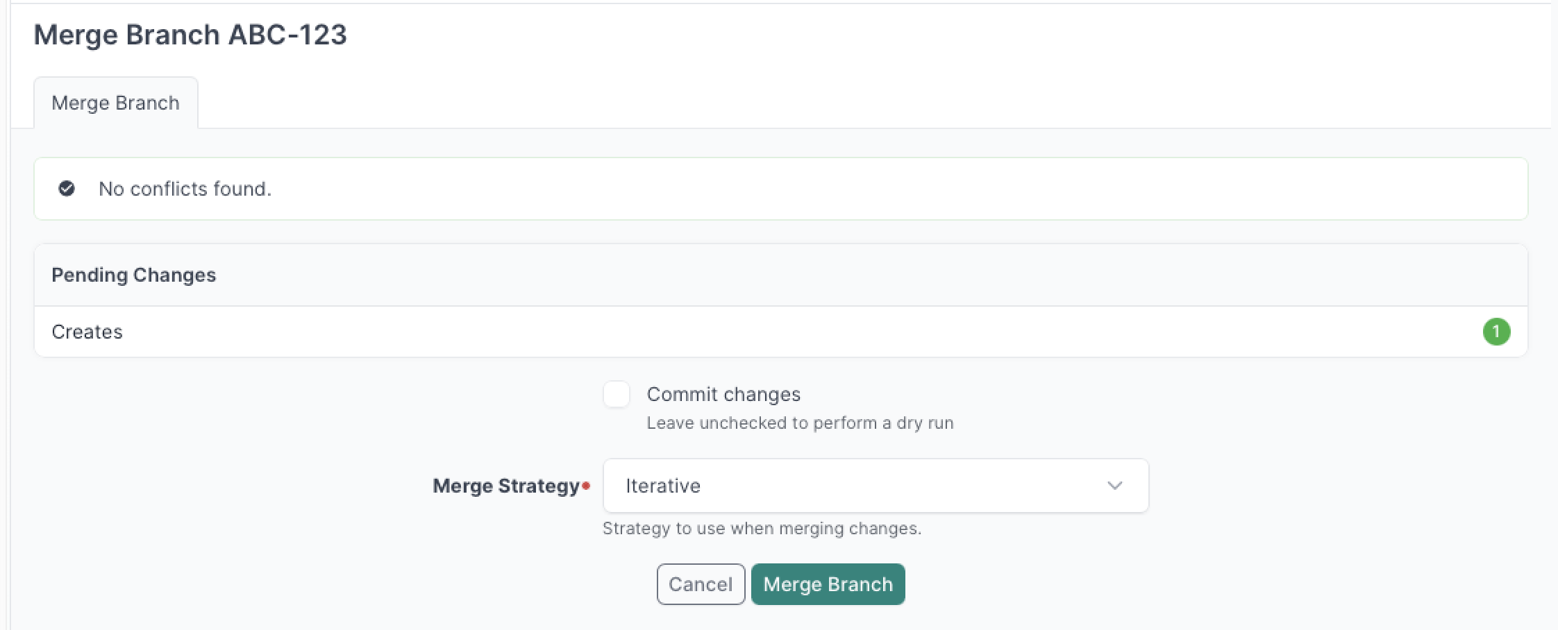Screenshot: Branch merge form