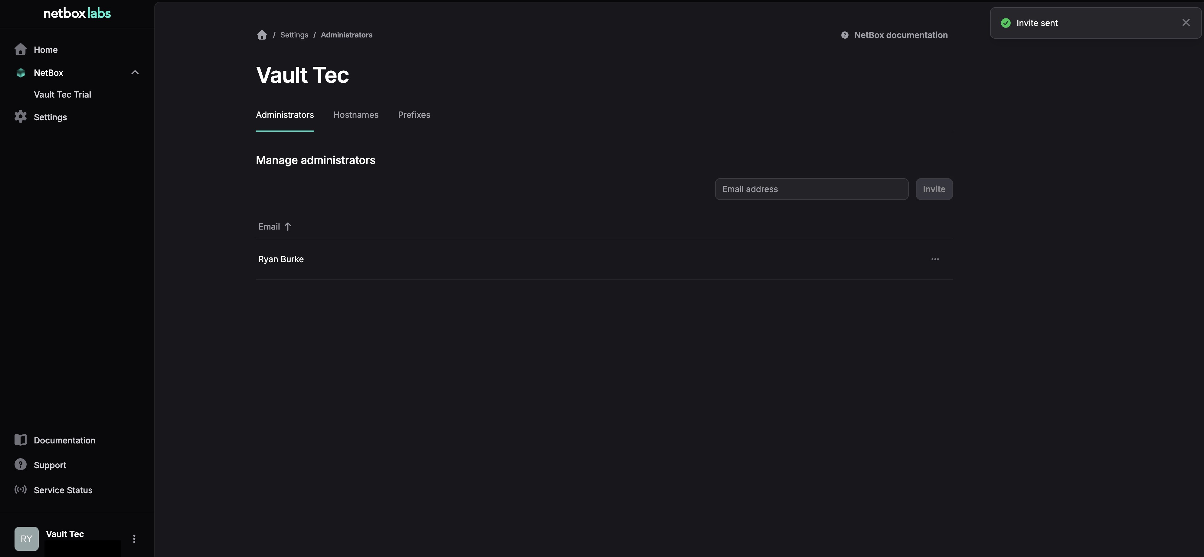 netbox console admin invite confirm