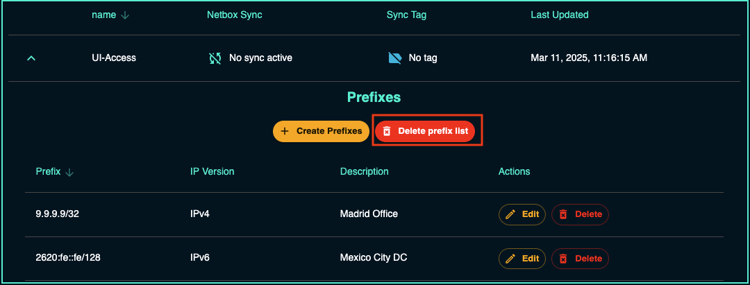 delete prefix list