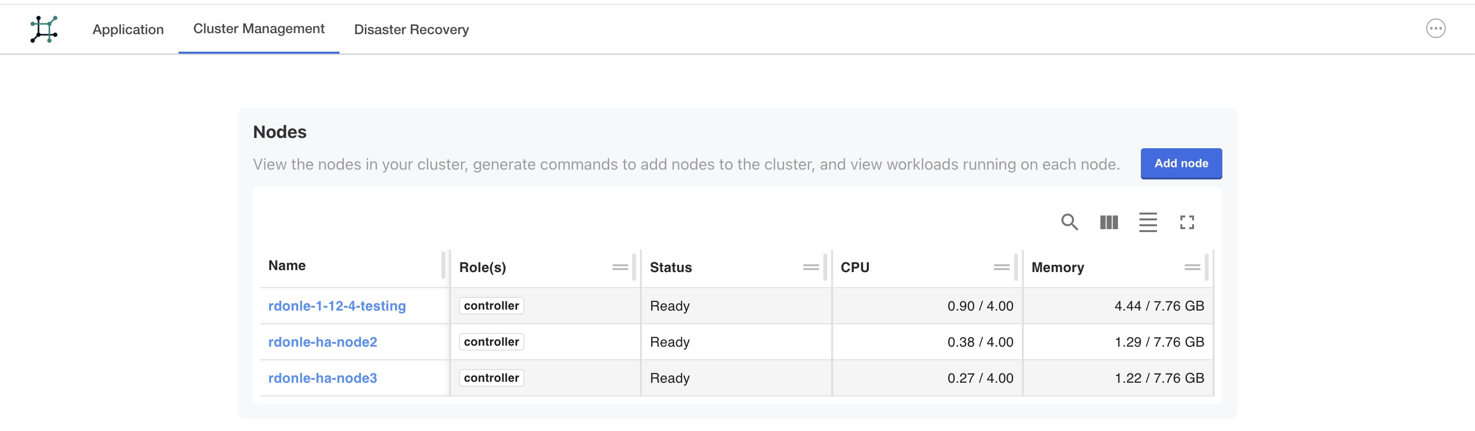 Cluster Management Nodes View
