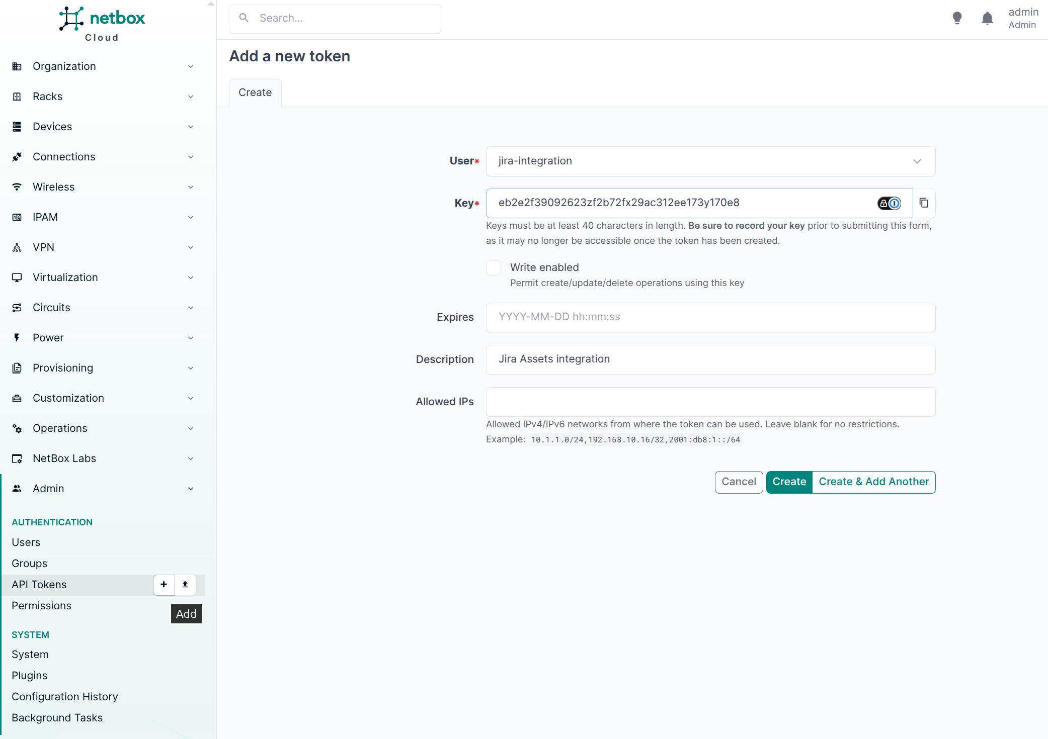 Create a NetBox API token