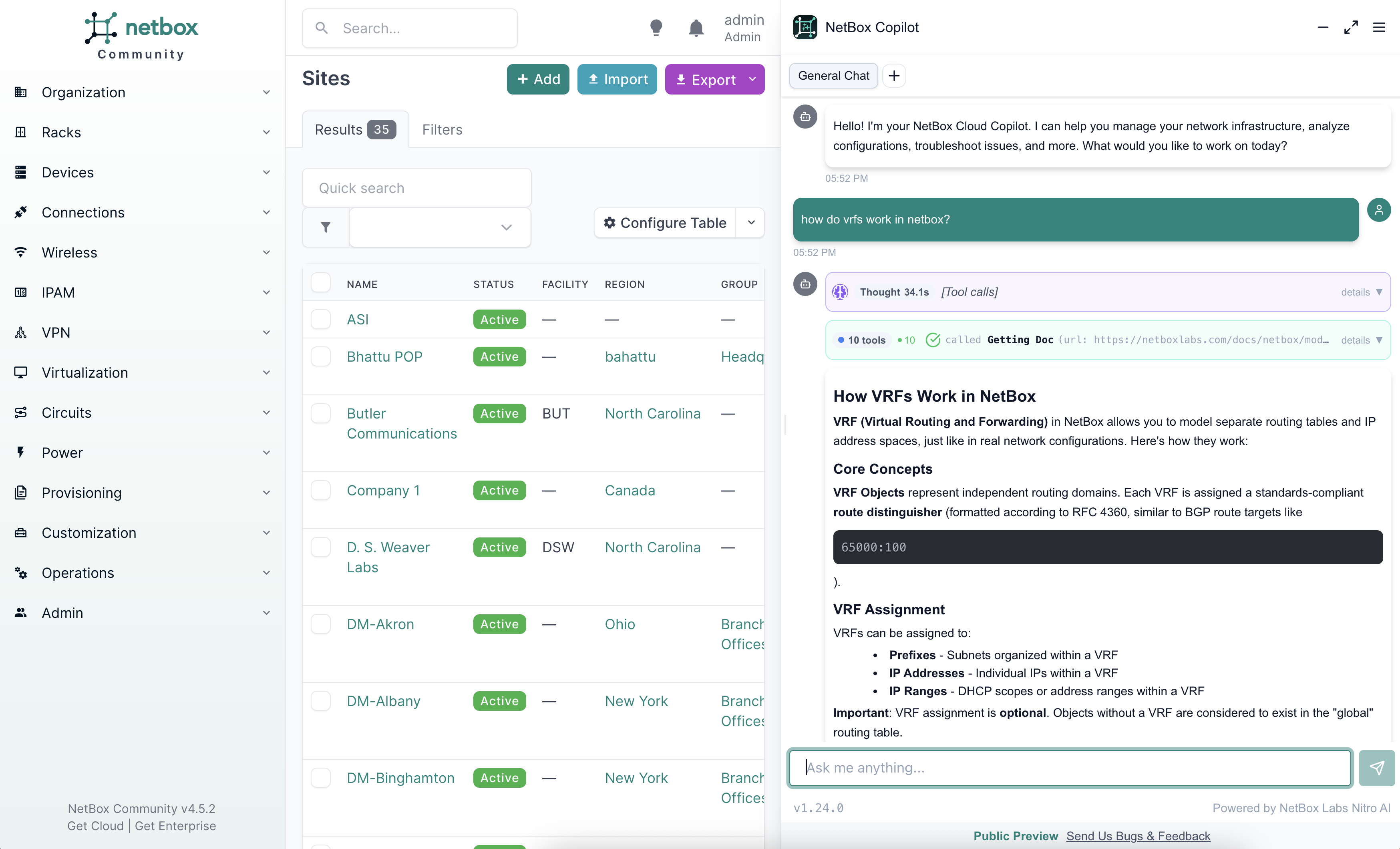 Ask NetBox Copilot a question about NetBox or your data and it will hunt down the answer